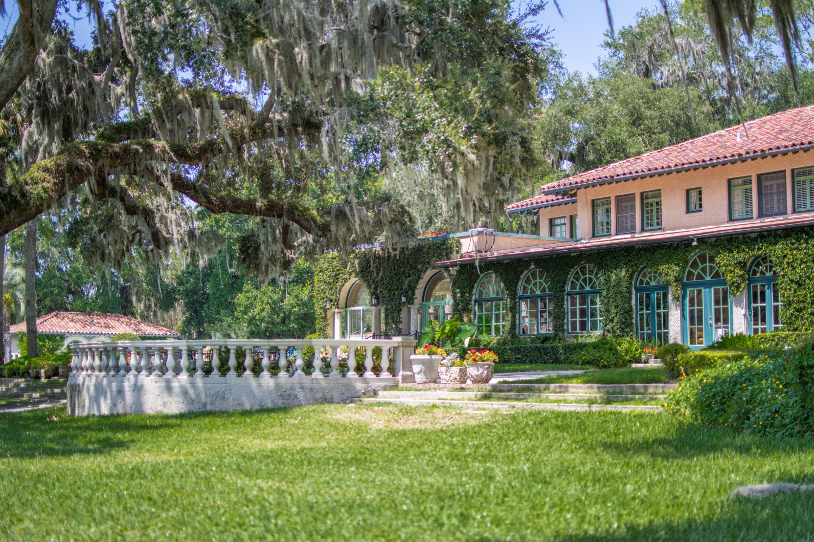 Waterfront property and surrounding river from above